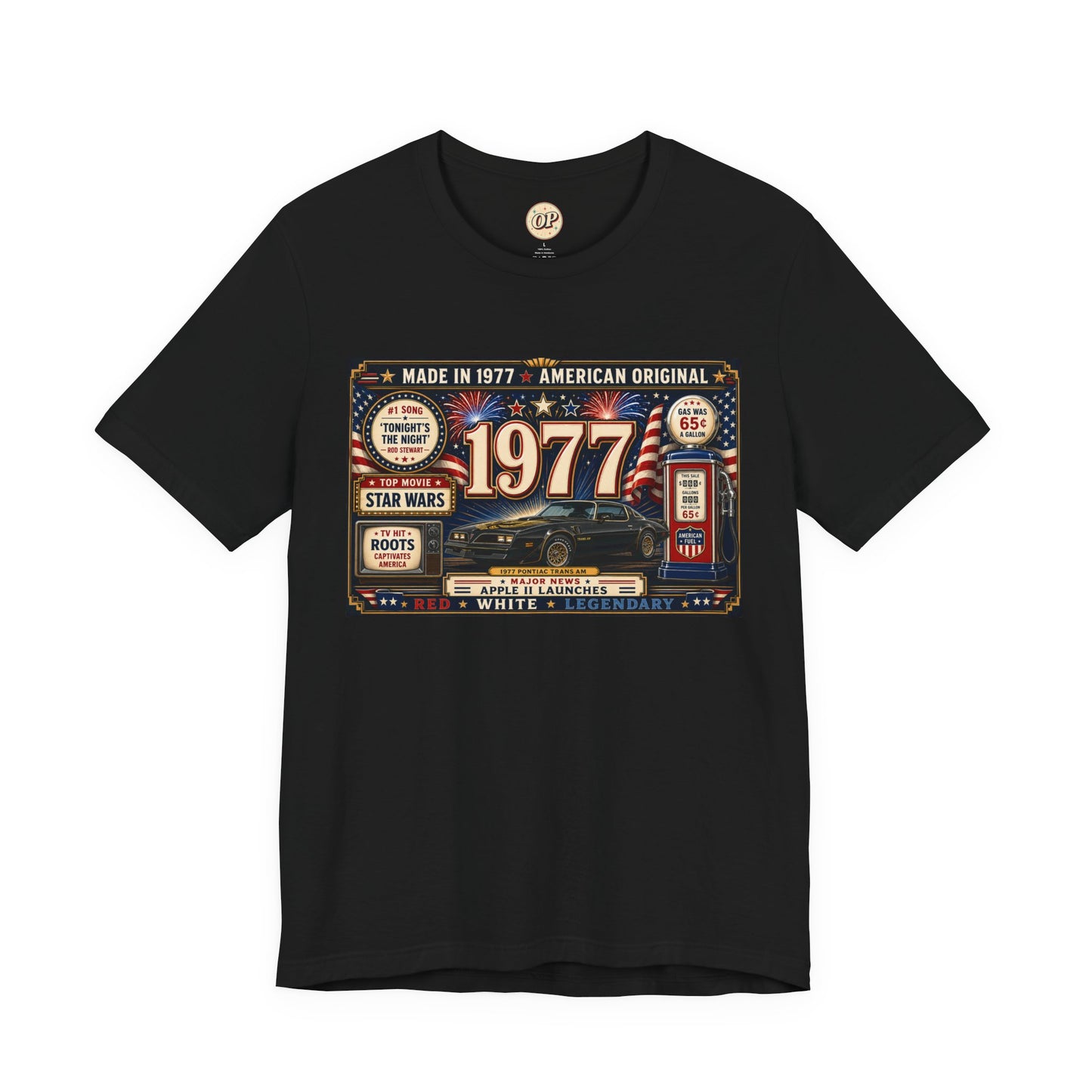1977 American Original T-Shirt | Born in 1977 49th Birthday Gift | Patriotic Classic Car Tee for Men & Women