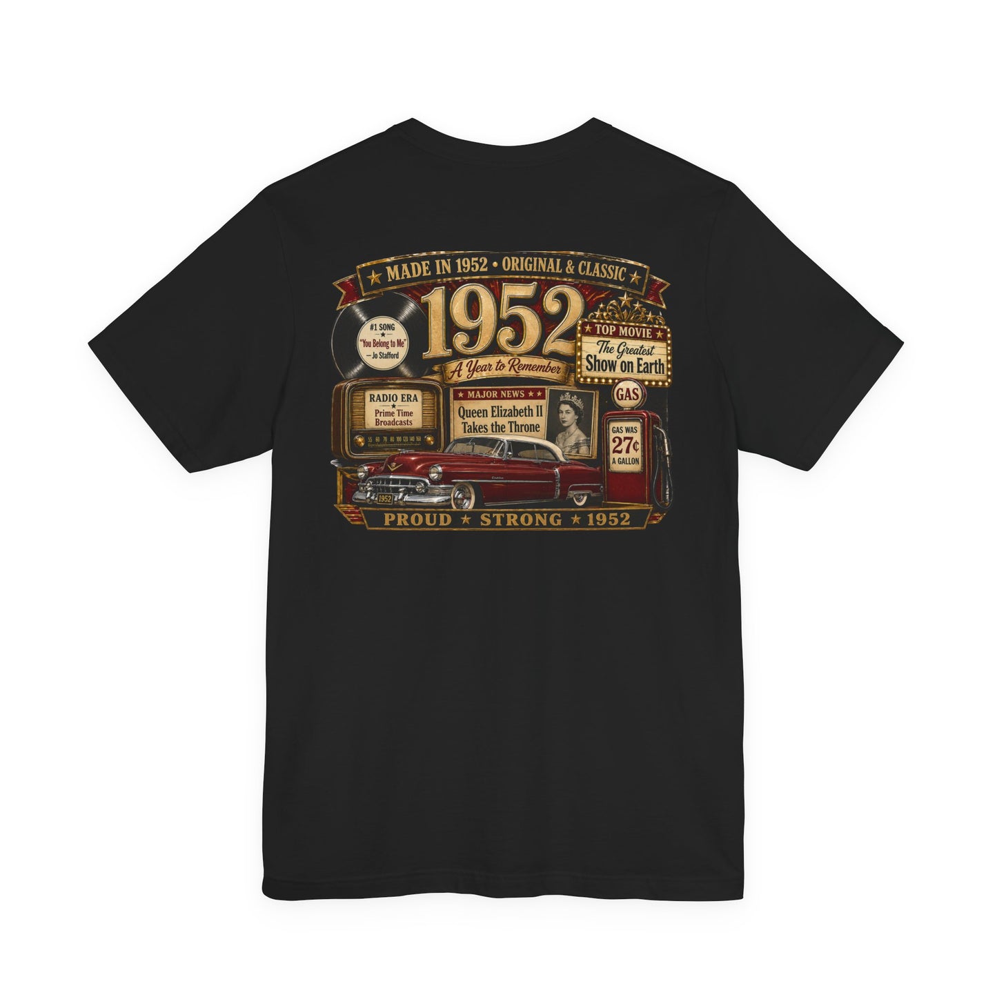 1952 Cadillac T-Shirt | Vintage Born in 1952 Gift | 74th Birthday Retro Tee for Men & Women