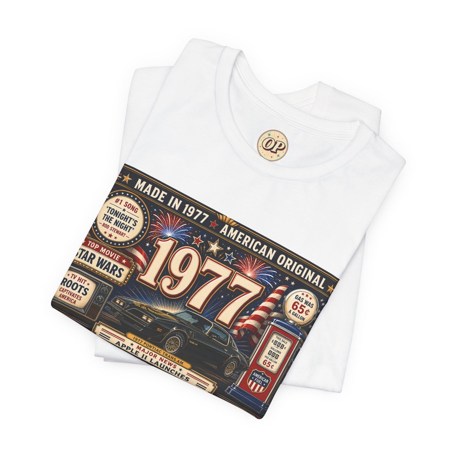1977 American Original T-Shirt | Born in 1977 49th Birthday Gift | Patriotic Classic Car Tee for Men & Women