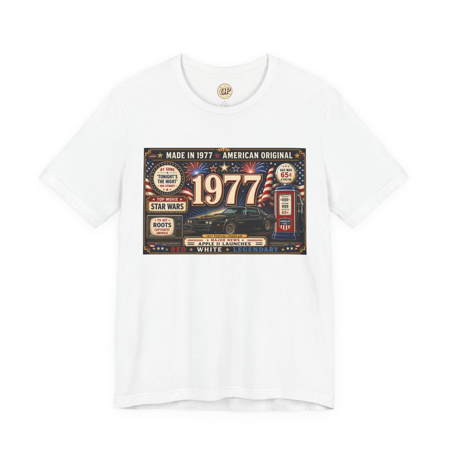 1977 American Original T-Shirt | Born in 1977 49th Birthday Gift | Patriotic Classic Car Tee for Men & Women