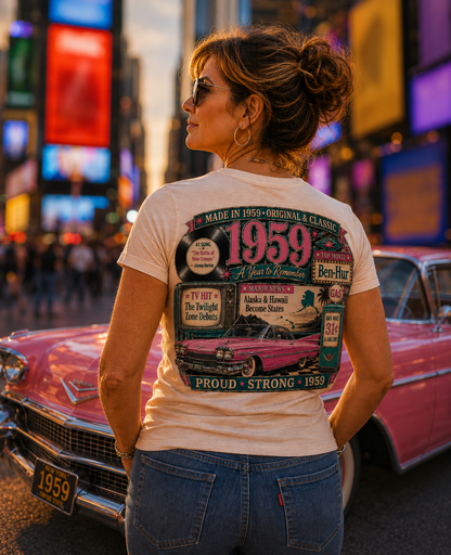 1959 Cadillac T-Shirt | Vintage Born in 1959 Gift | 67th Birthday Retro Tee for Men & Women