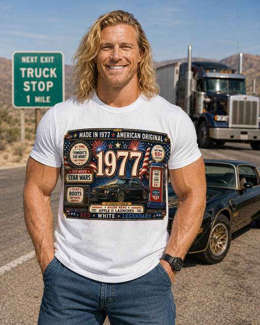 1977 American Original T-Shirt | Born in 1977 49th Birthday Gift | Patriotic Classic Car Tee for Men & Women